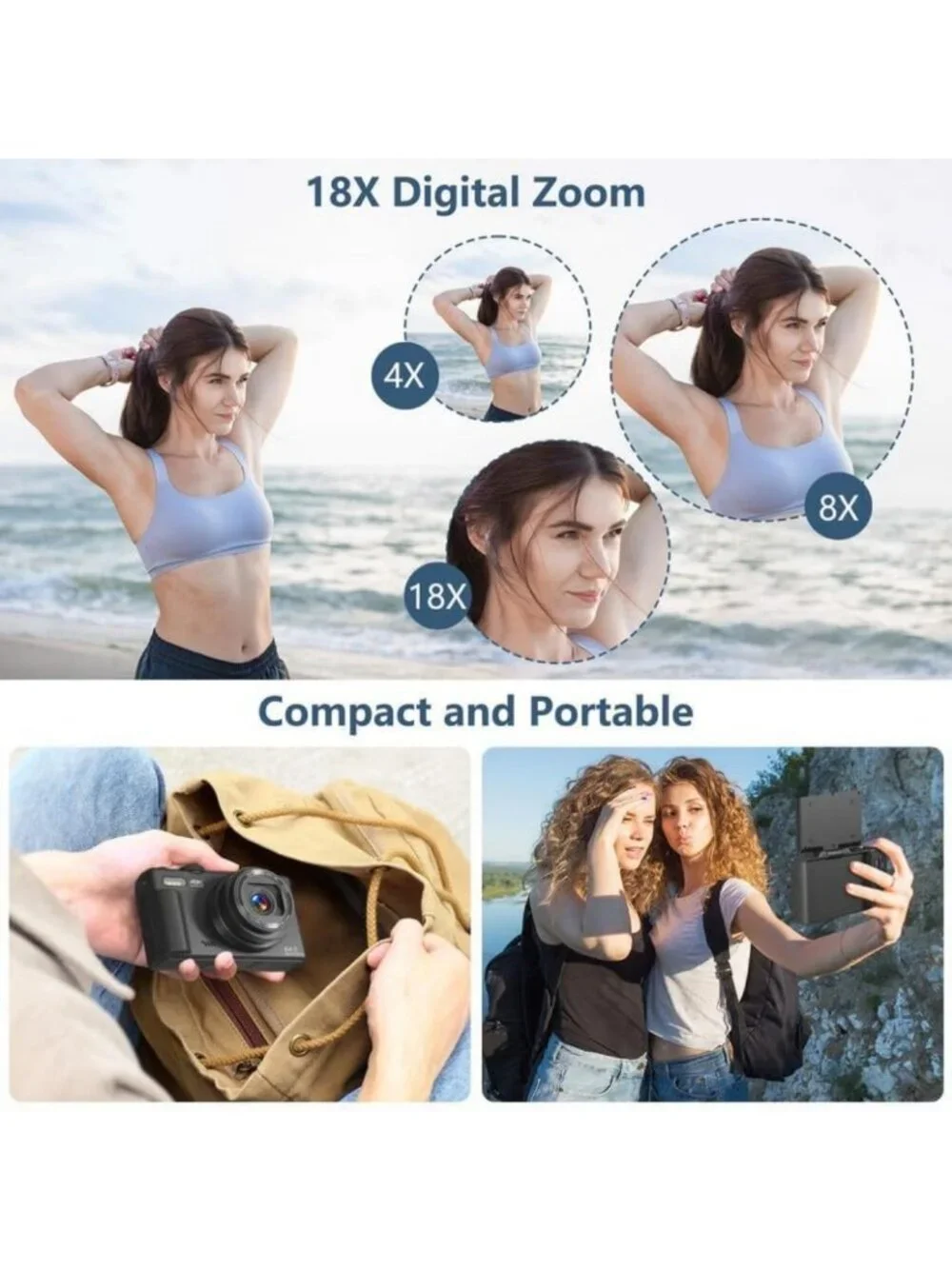 Compact 4K Digital Camera for Photography & Vlogging, 180° Flip Screen, 18X Zoom